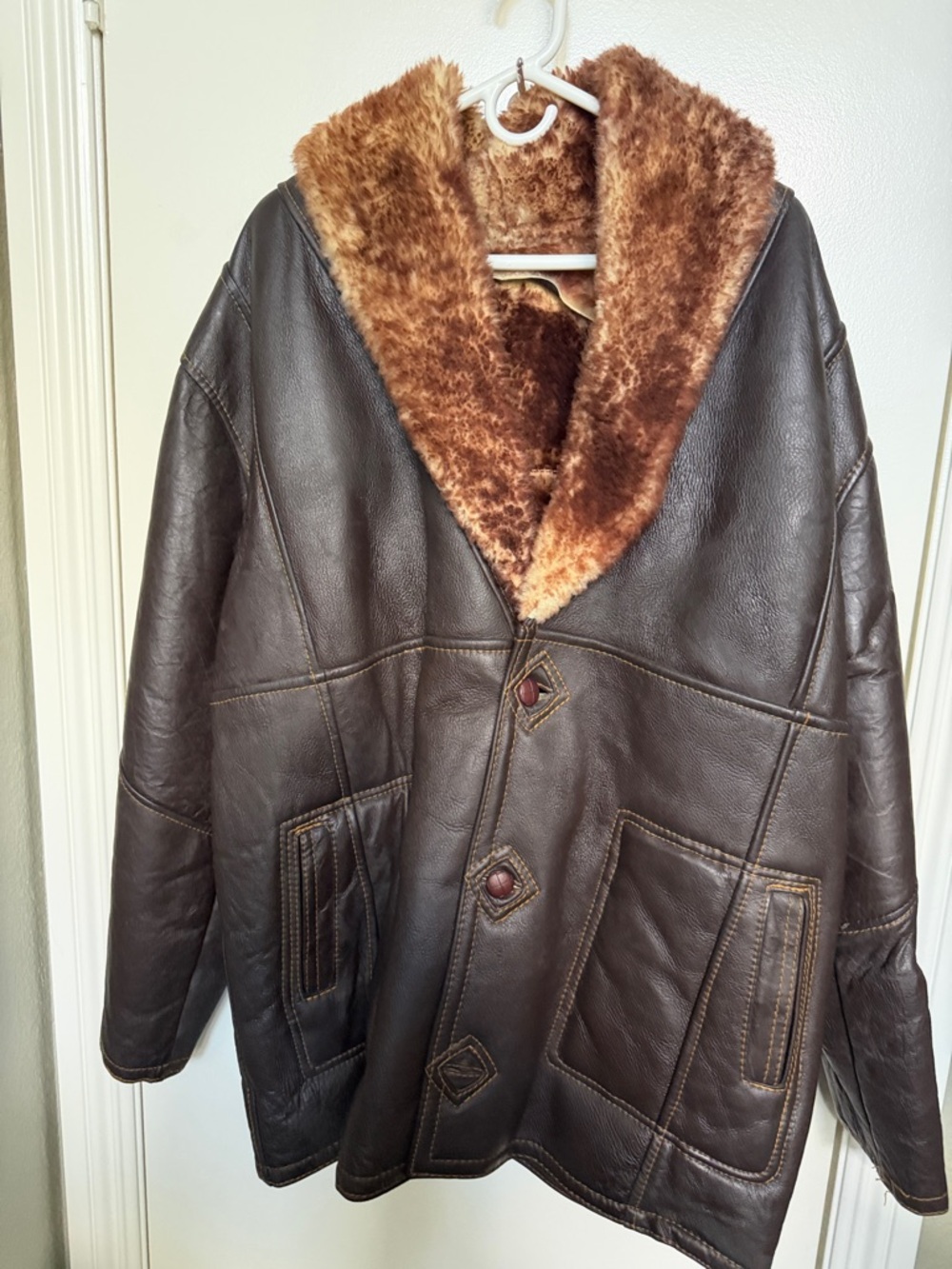 Men's Brown Leather Shearling Jacket with Faux Fur Collar genuine leather